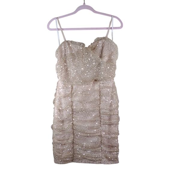 Windsor Beige Sequins Sparkle Party Festive Evening Spaghetti Strap Mini Dress - Picture 1 of 12